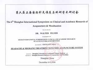 Auszeichnung für Walter Felser: Akupunktur bei Augenkrankheiten und Kopfschmerzen in Shanghai